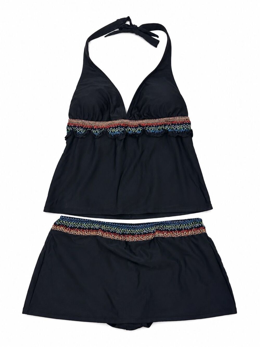 ana Black Tankini Set XL Halter Skirted Swim Bottom Boho Trim